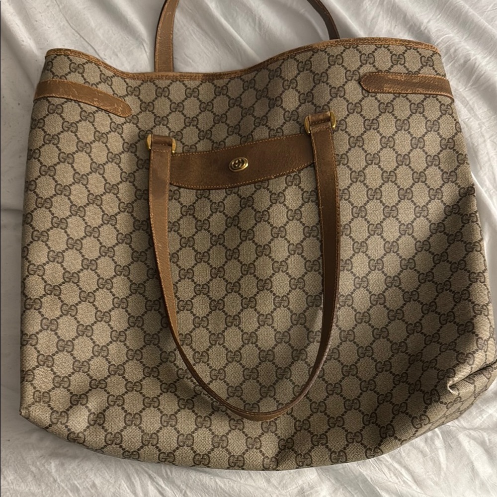 Gucci Cream and Brown Tote Bag with Iconic Monogram